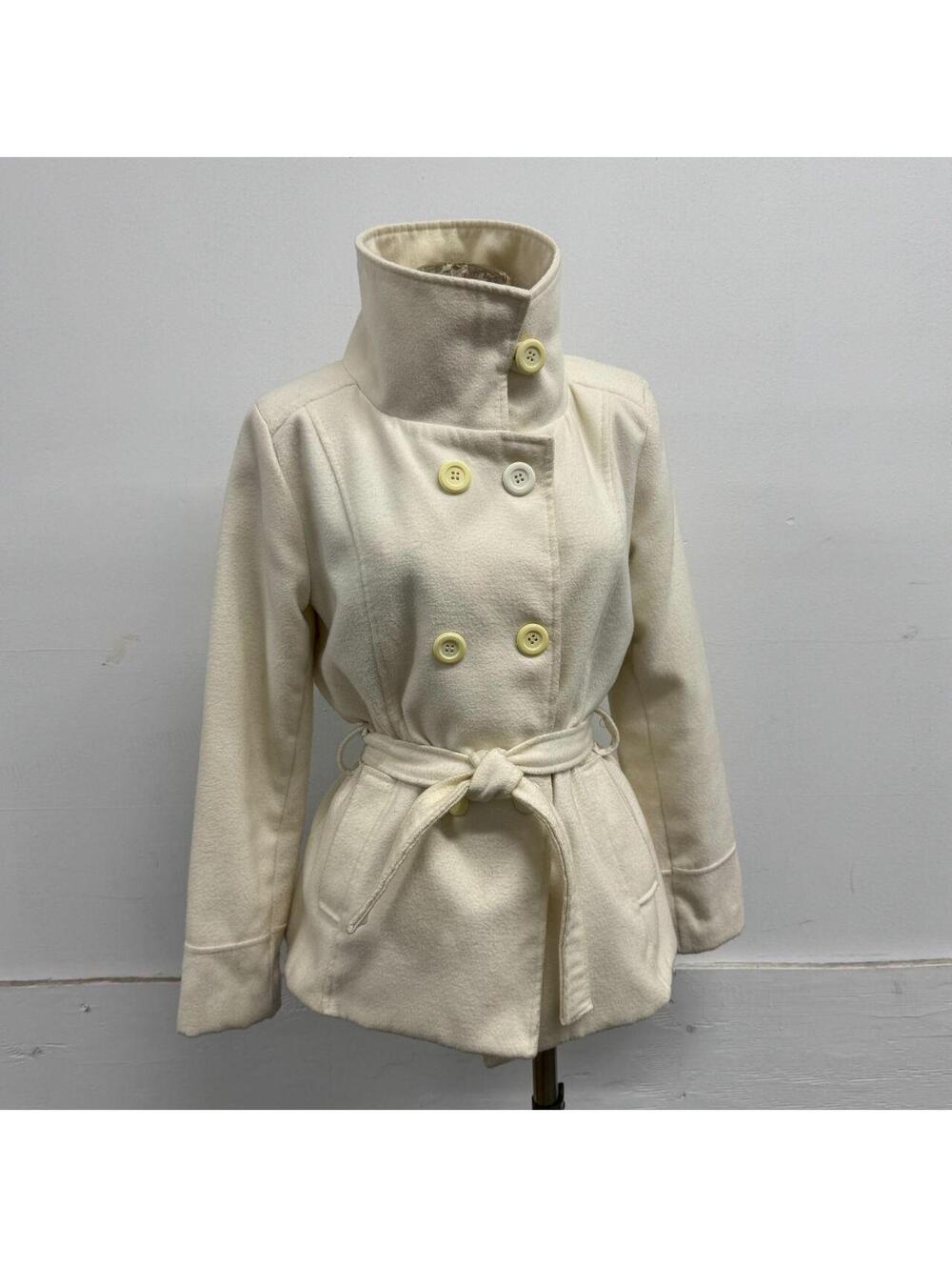 Vintage Italian Cream Wool Funnel-Neck Belted Double-Breasted Peacoat